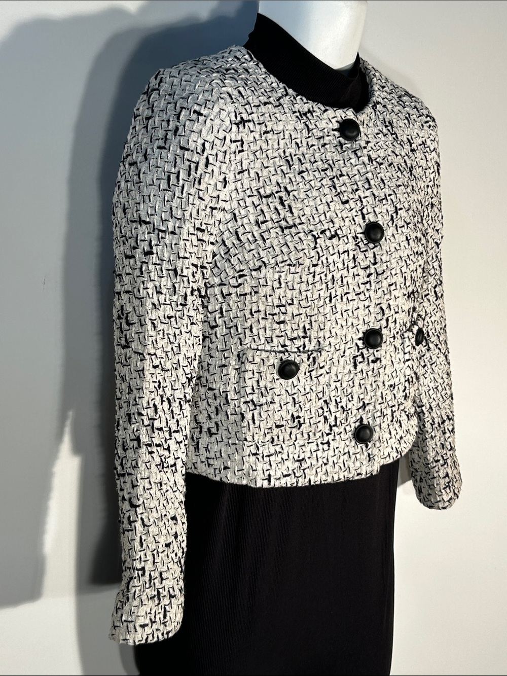 Express SZ S Black & White Tweed Boxy Blazer Academia Preppy Old Money Timeless